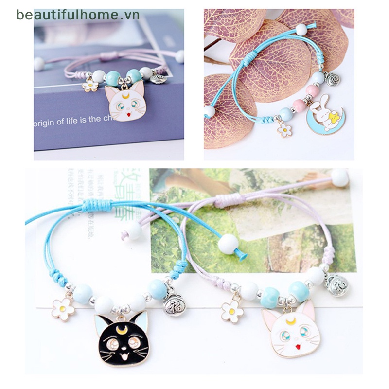 [beautifulhome] Vòng Đeo Tay Mặt Hình Thỏ / Mèo Hoạt Hình Dễ Thương Cá Tính Dệt Tay Phụ Kiện Trang Sức Thời Trang Cho Nữ [