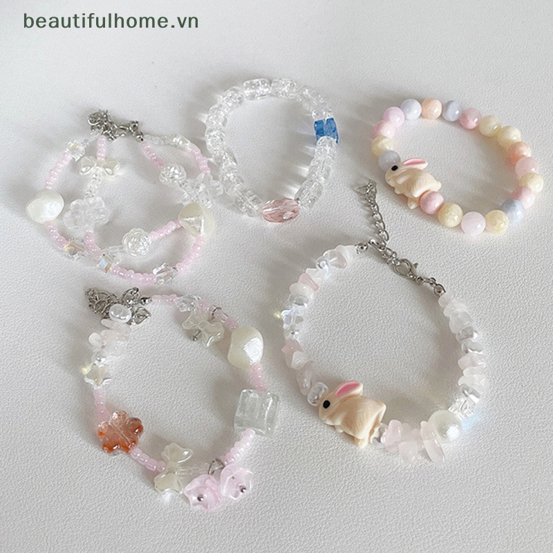 Vòng Tay Chuỗi Hạt Co Giãn Màu Kẹo Ngọt Họa Tiết Hoa Và Thỏ Hoạt Hình Dễ Thương Làm Thủ Công DIY Cho Nữ [beauty]