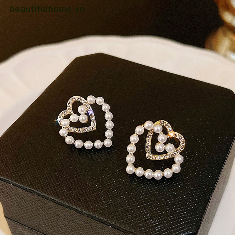 Bông Tai Hình Trái Tim Đính Ngọc Trai Giả Xinh Xắn