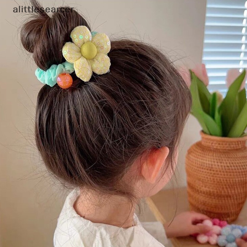 1 Dây Cột Tóc Đính Hoa / Bóng Lông Ngựa Co Giãn Dễ Thương Phong Cách Hàn Quốc Cho Bé Gái