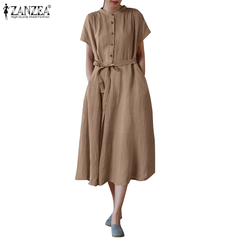 ZANZEA Đầm Cotton Lanh Ngắn Tay Cổ Đứng Cài Nút Thời Trang Hàn Quốc Cho Nữ