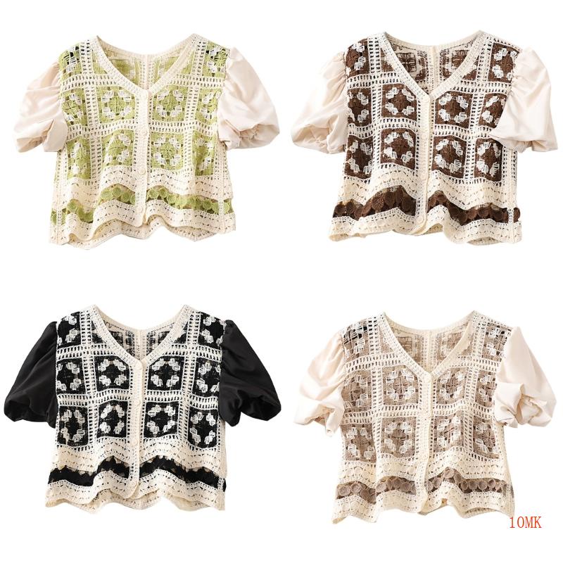 Xiangbao Áo Cardigan Dệt Kim Tay Ngắn Phồng Cài Nút Kiểu Vintage Cho Nữ
