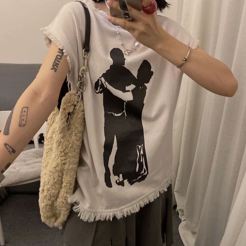 Áo Thun Ngắn Tay Dáng Rộng Phối Tua Rua Kiểu Retro Thời Trang Mùa Hè Cho Nữ