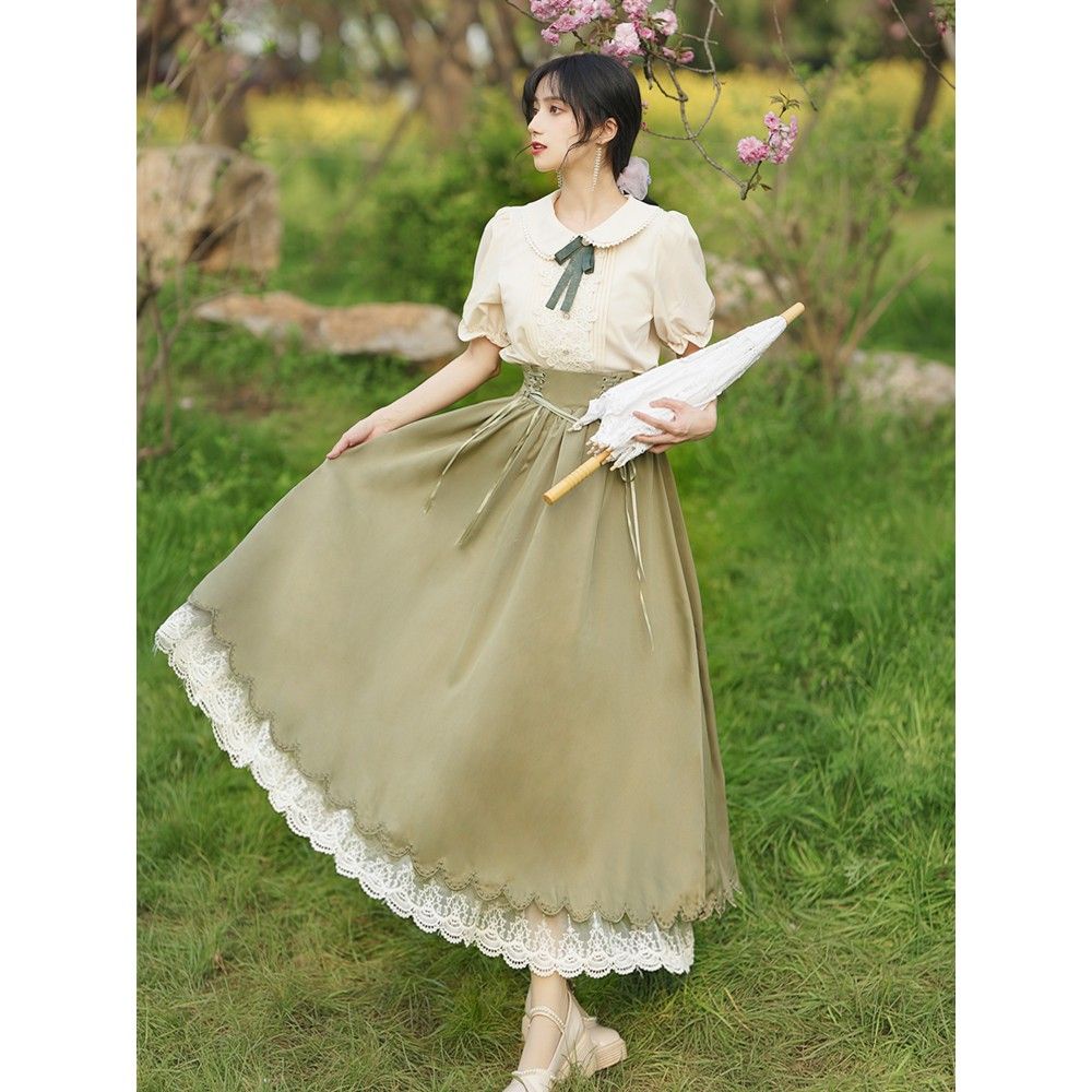 Set Áo Tay Ngắn + Chân Váy Phối Ren Xinh Xắn Thời Trang Theo Phong Cách Lolita