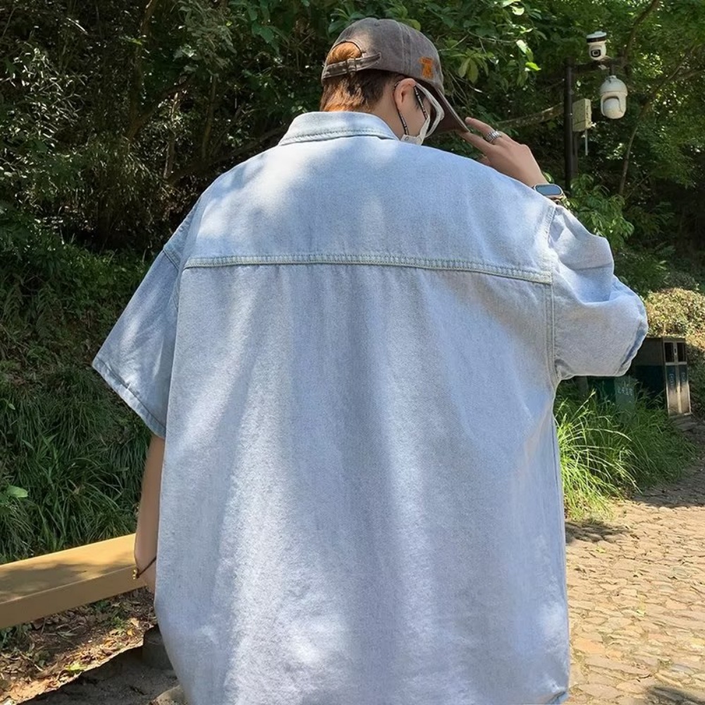 Áo Sơ Mi Denim Tay Ngắn Phong Cách Thời Trang Đường Phố Mới Cho Nam