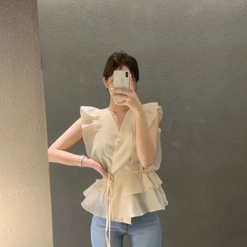 Áo Sơ Mi Cổ Chữ V Không Tay Phối Bèo Thời Trang Mùa Hè Hàn Quốc 2023 Dành Cho Nữ