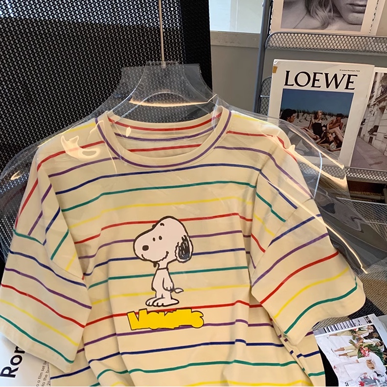 Áo Thun 100% cotton Tay Ngắn Dáng Suông In Họa Tiết Kẻ Sọc Ngang Trẻ Trung Thời Trang Phong Cách Hàn Quốc Cho Nữ 200g