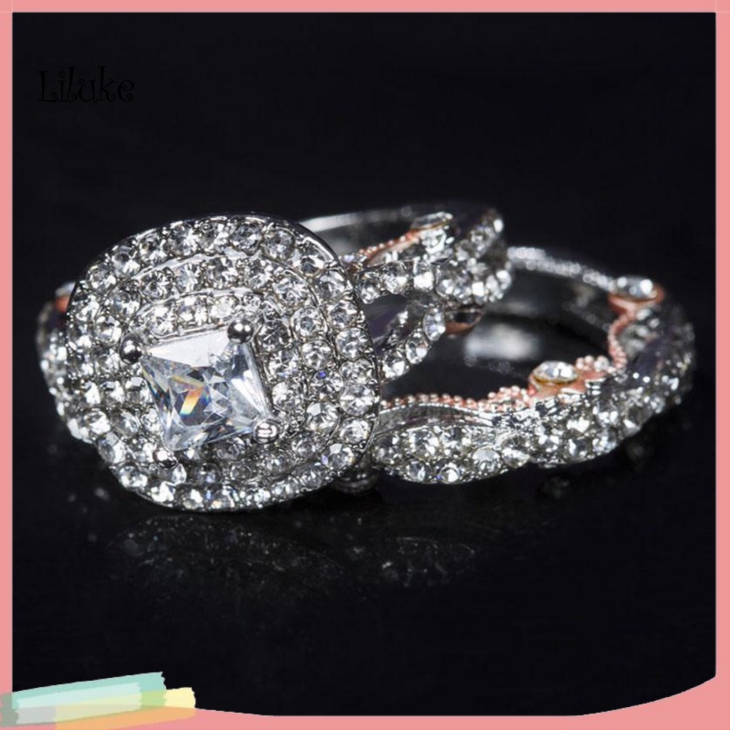 Bộ 2 Nhẫn Mạ Bạc Trang Trí Đá Vuông Lấp Lánh Cho Nữ