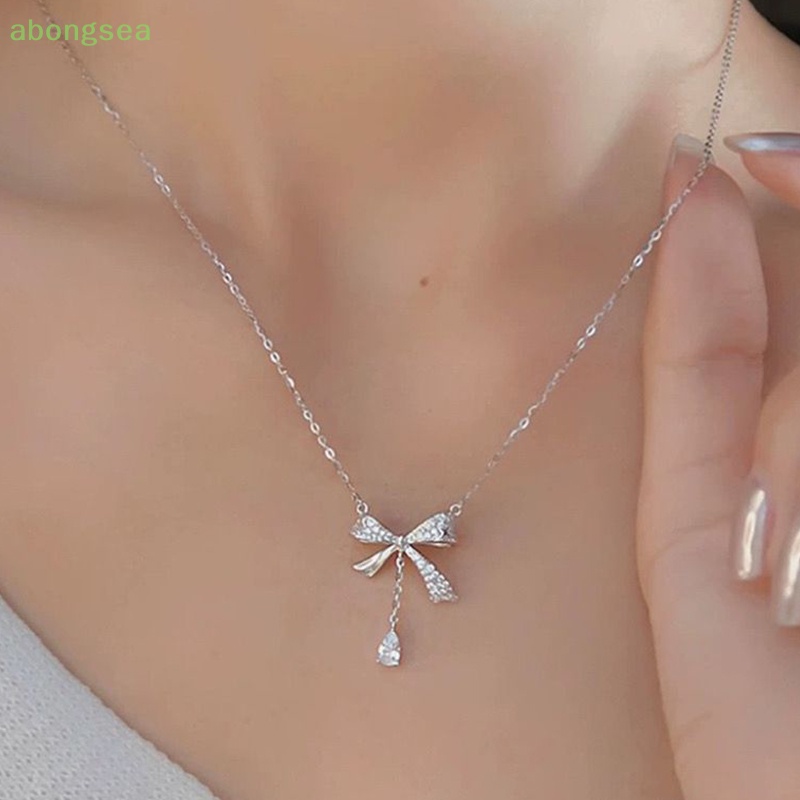 Abongsea Dây Chuyền Mặt Nơ Tua Rua Đính Đá Zircon Thanh Lịch Thời Trang Phong Cách Hàn Quốc Cho Nữ