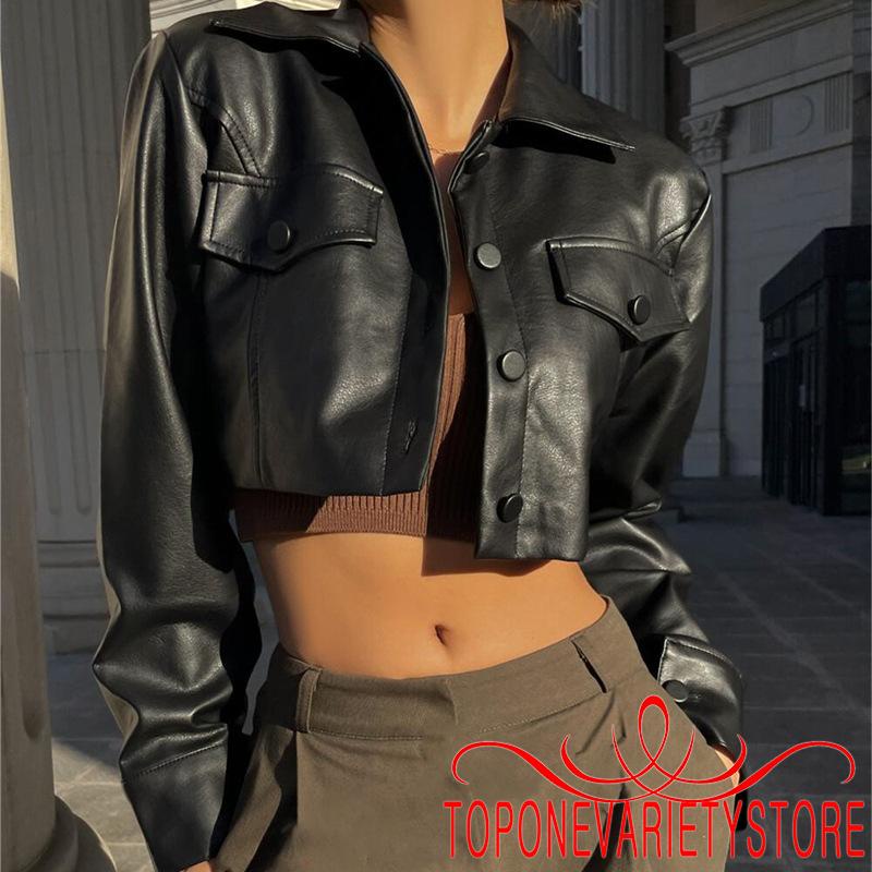 Áo Khoác Da Croptop Tay Dài Màu Trơn Cài Nút Thời Trang Cho Nữ