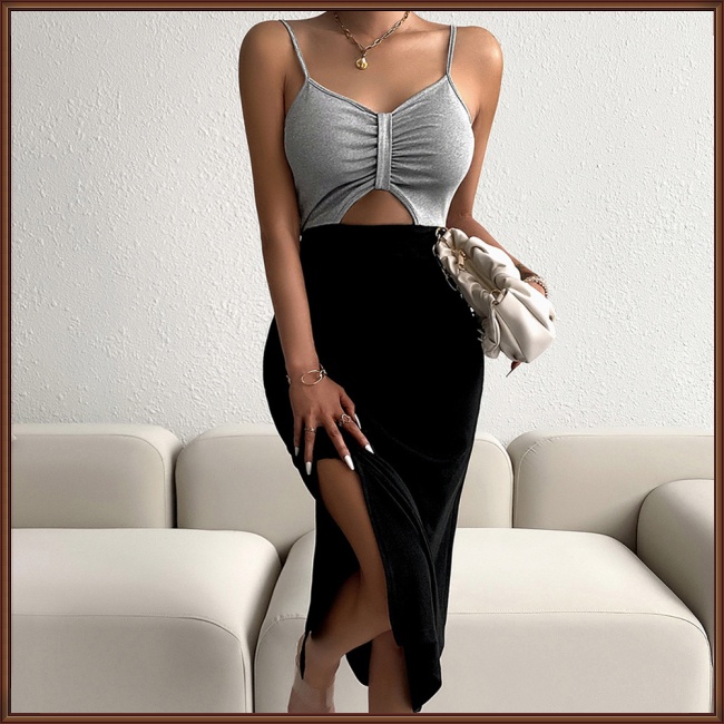 Đầm Lửng Không Tay Cổ Chữ V Lưng Cao Màu Sắc Tương Phản Thời Trang Mùa Hè Dành Cho Nữ