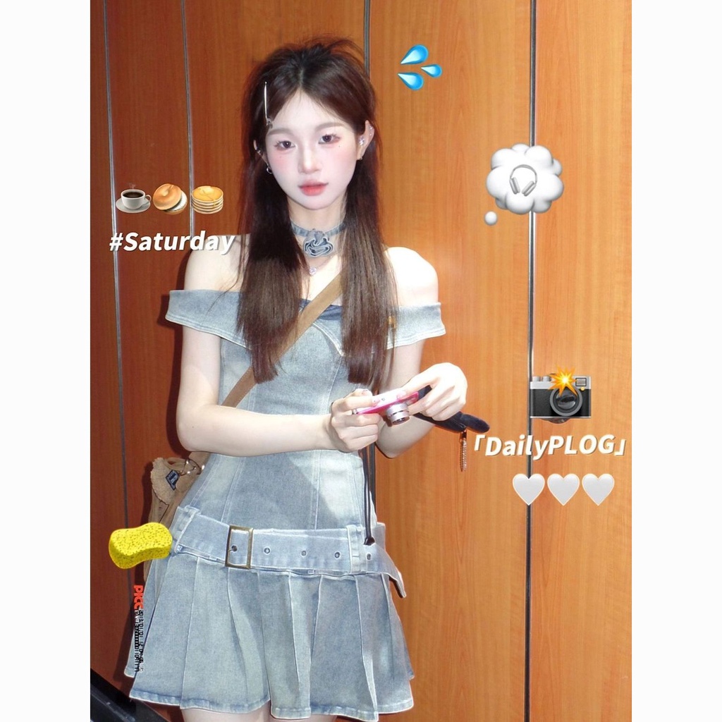 Đầm Denim Ngắn Xếp Ly Mùa Hè 2023 Phong Cách Retro Mỹ Ngọt Ngào Cho Nữ