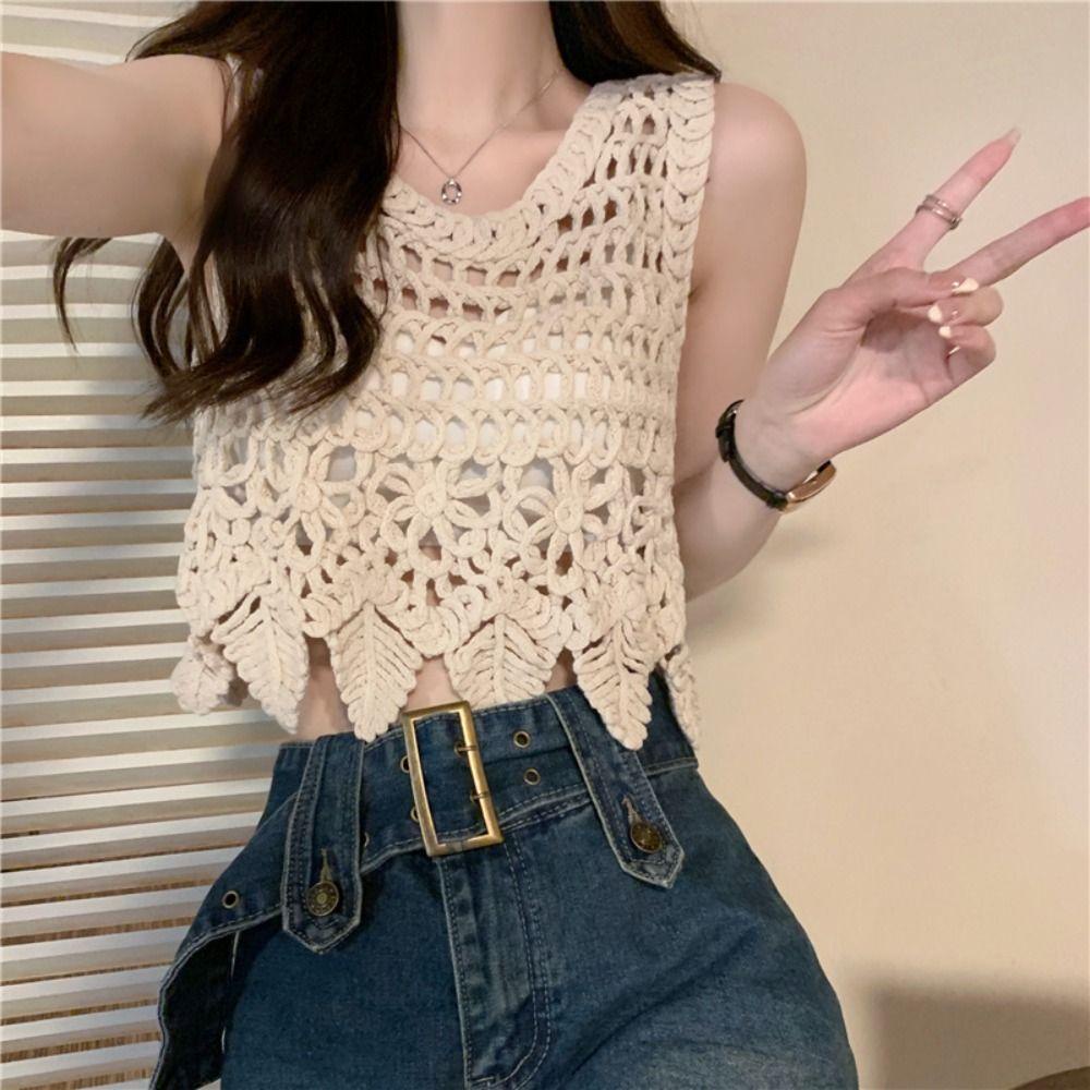 Áo Croptop Dây Mảnh Mềm Mại Họa Tiết Hoa Khoét Rỗng Không Tay Cho Nữ