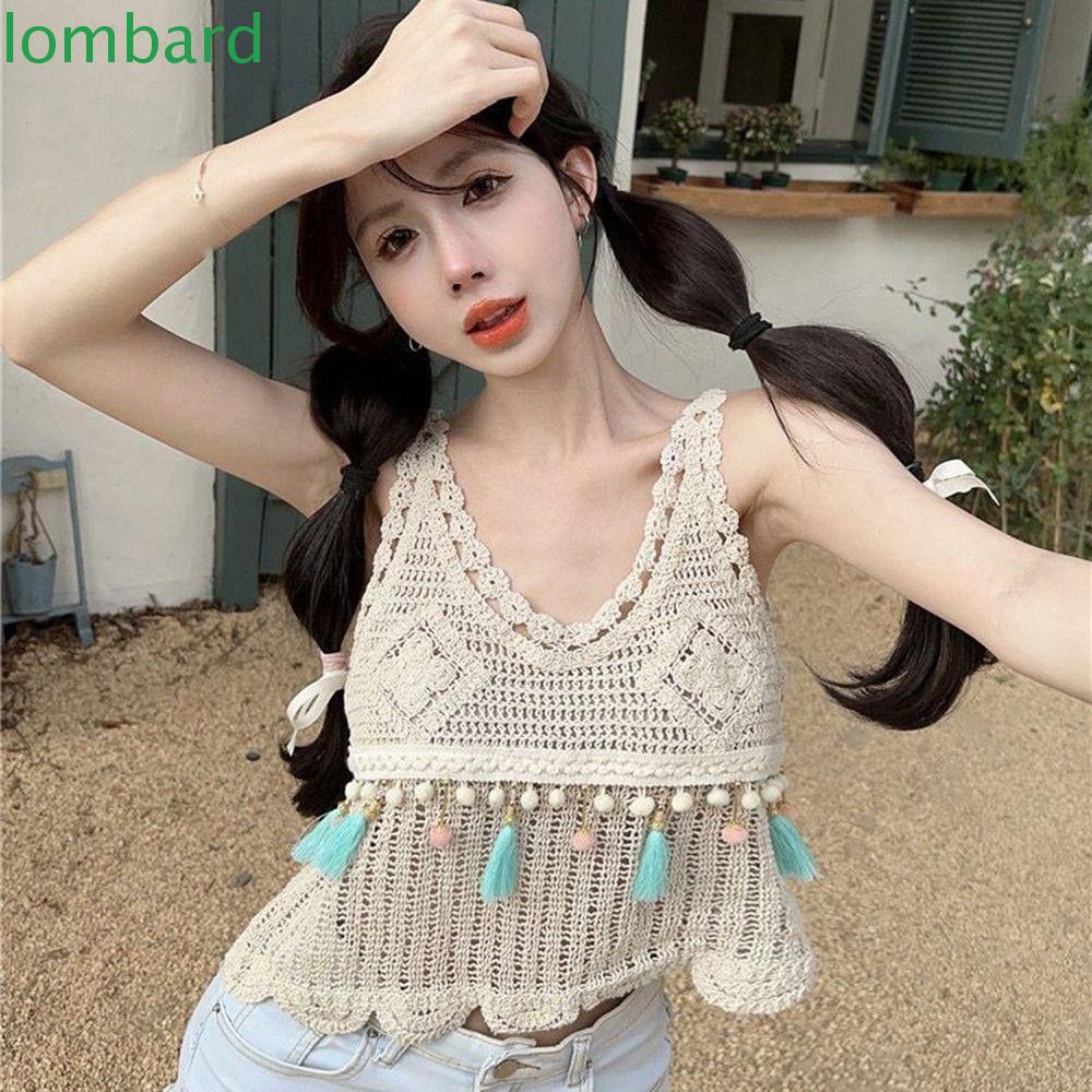 Áo Cotton Dệt Kim Sát Nách Màu Sắc Đơn Giản Phối Tua Rua Phong Cách Bohemian Thời Trang Đi Biển Cho Nữ