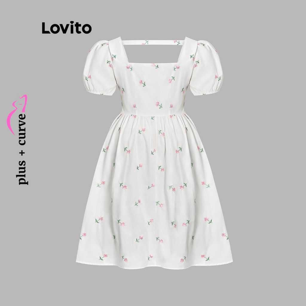 Lovito Váy xếp nếp thêu hoa giản dị có đường cong cỡ lớn dành cho nữ LPS11058 (Trắng)