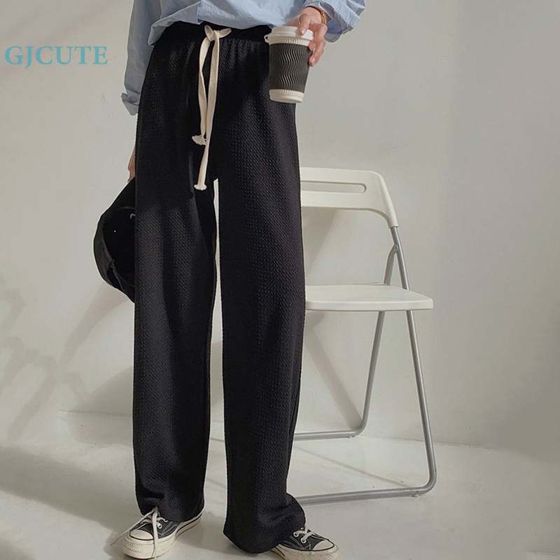 Quần Ống Rộng Lưng Cao Màu Hồng Của Gjocute Waffle Slacks