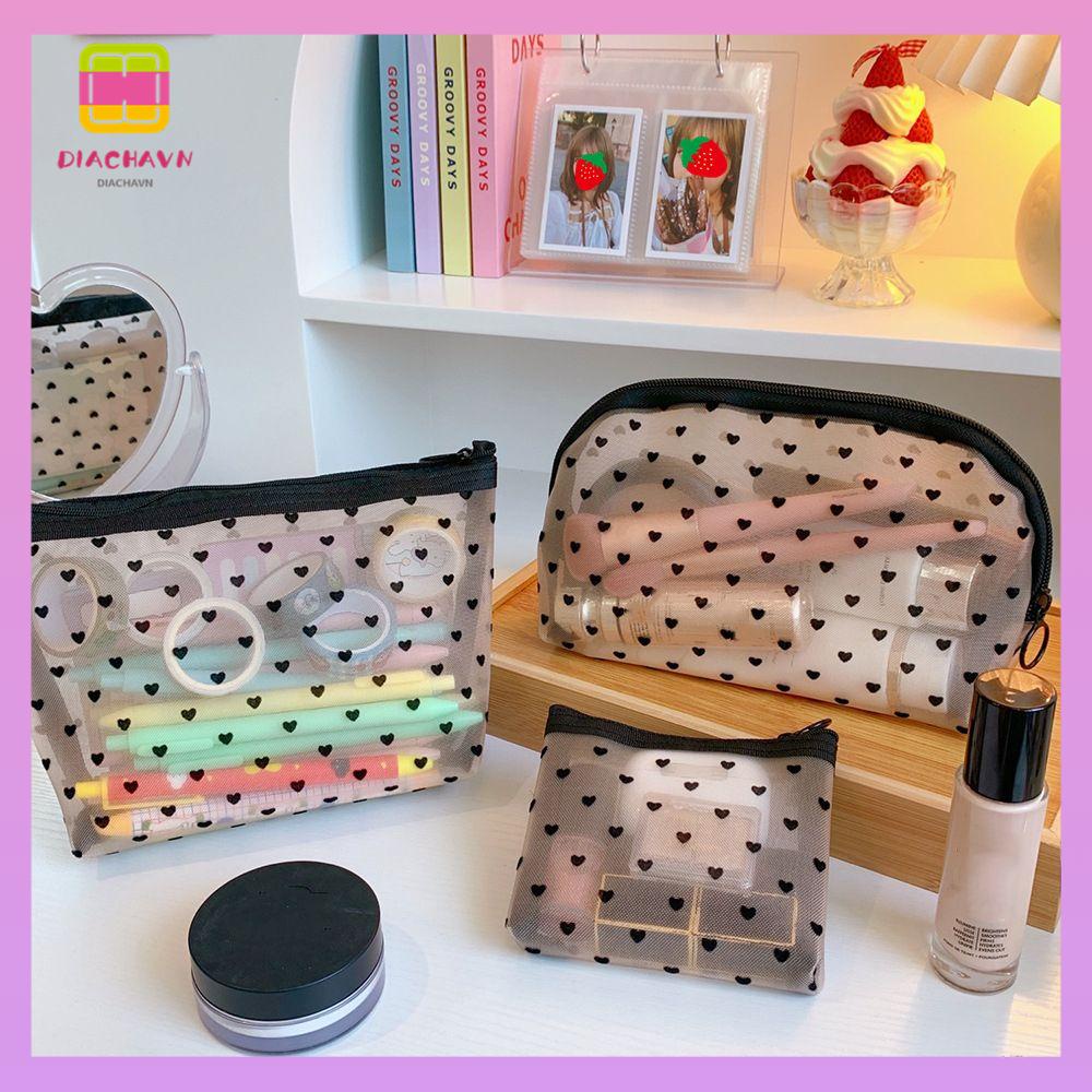 DIACHAVN Túi Lưới Đựng Mỹ Phẩm Trong Suốt Có Khóa Kéo Họa Tiết Trái Tim