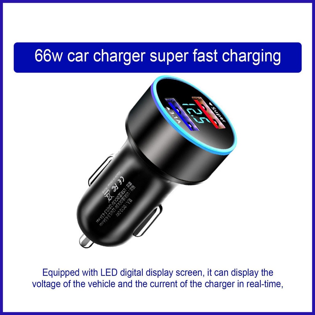 Tẩu Sạc Nhanh 66W PD Type C Hai Cổng Có Màn Hình LED Kỹ Thuật Số Mini Bằng Hợp Kim Cho Xe Hơi