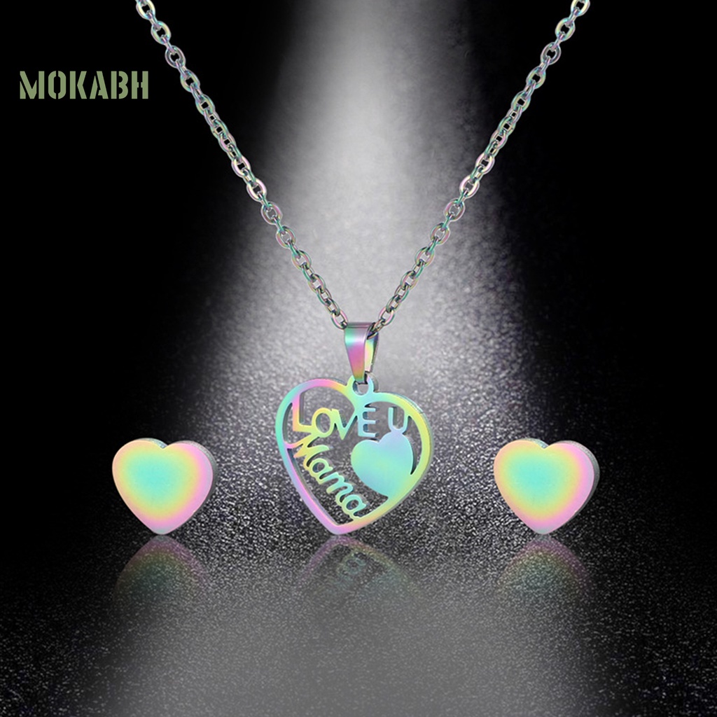 Bộ 2 Vòng cổ + Bông Tai Hình Trái Tim Màu Cầu Vồng Thời Trang Cho Nữ