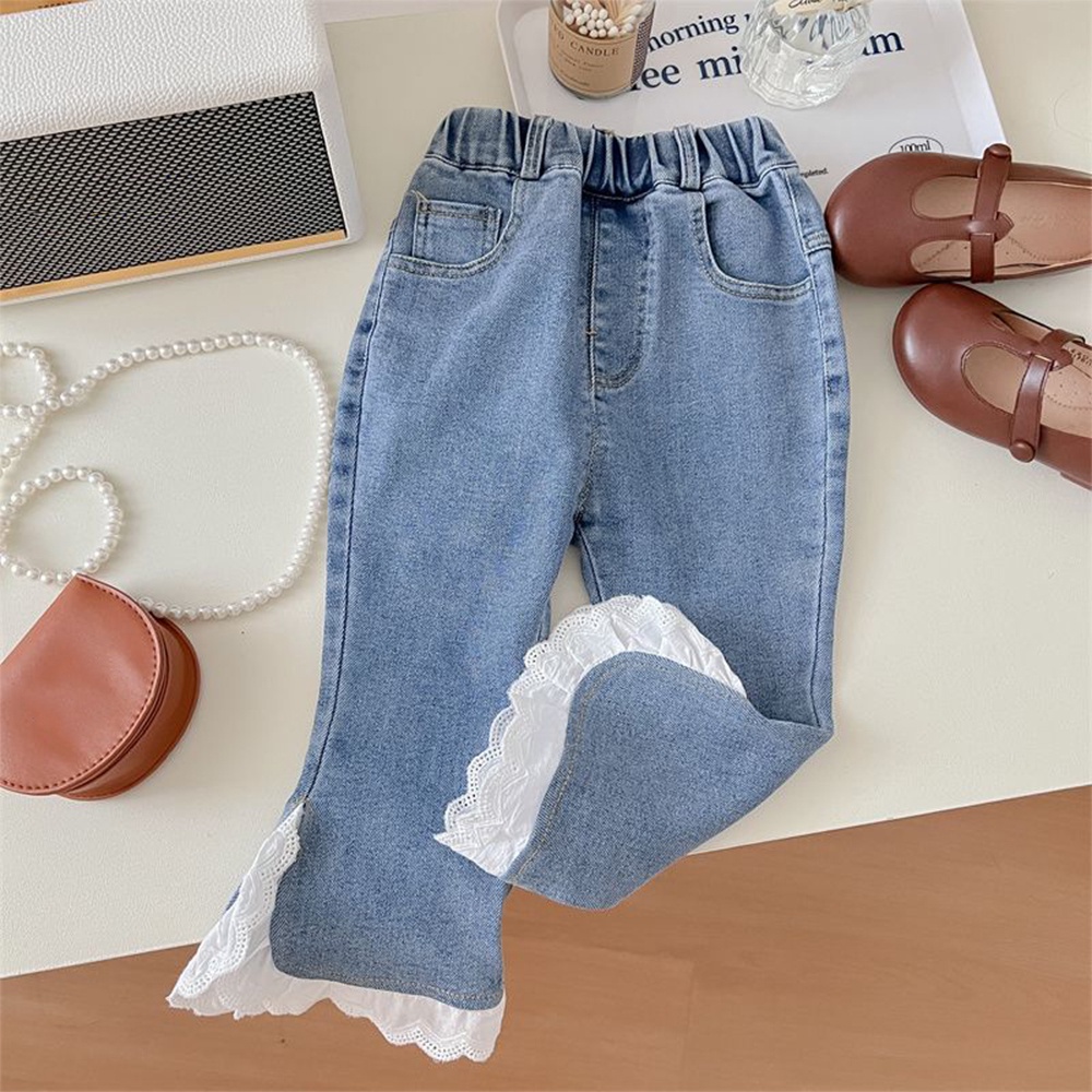BEAR LEADER Set Đồ Mùa Hè 2 Món Gồm Áo Sơ Mi Tay Dài Cổ Búp Bê Màu Hồng + Quần Jeans Viền Hoa Màu Trơn Cho Bé Gái 2-6 Tuổi