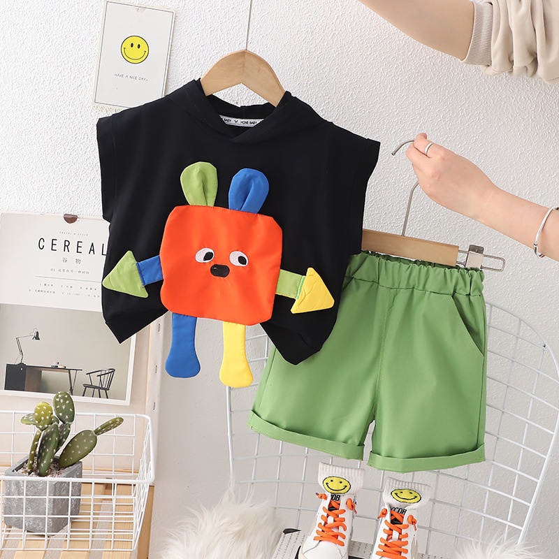 Áo thun hoodie sát nách hình khối 3D và quần đùi xanh cho bé trai từ 1 2 3 4 5 tuổi Mint's Closet MINTSCLOSET - TN3208