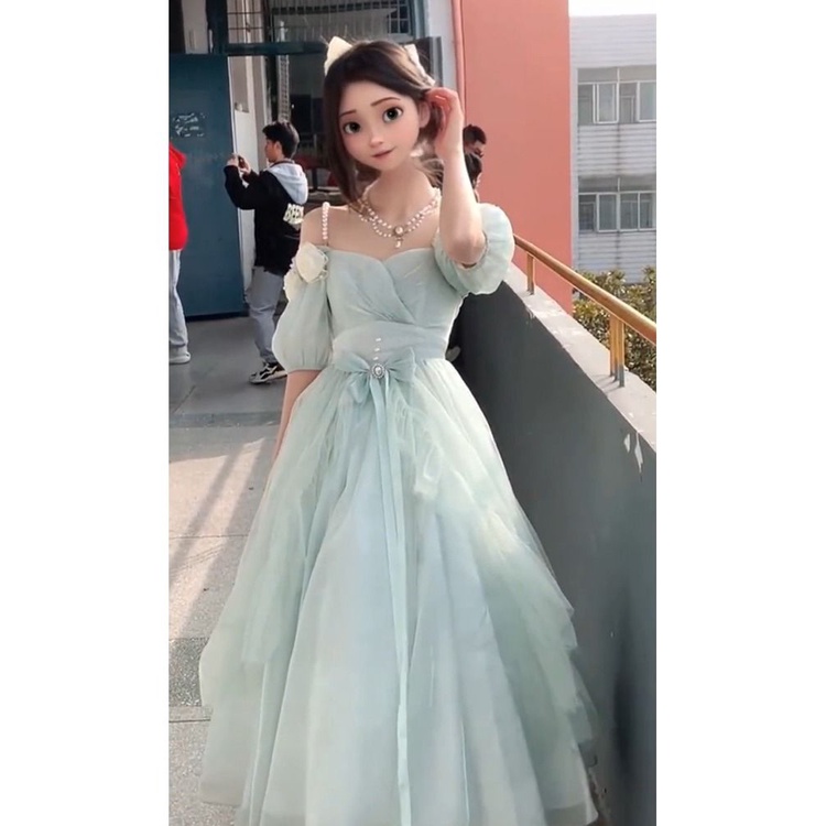 Đầm Công Chúa Tay Phồng Màu Xanh Lá Xinh Xắn Thời Trang Theo Phong Cách Pháp