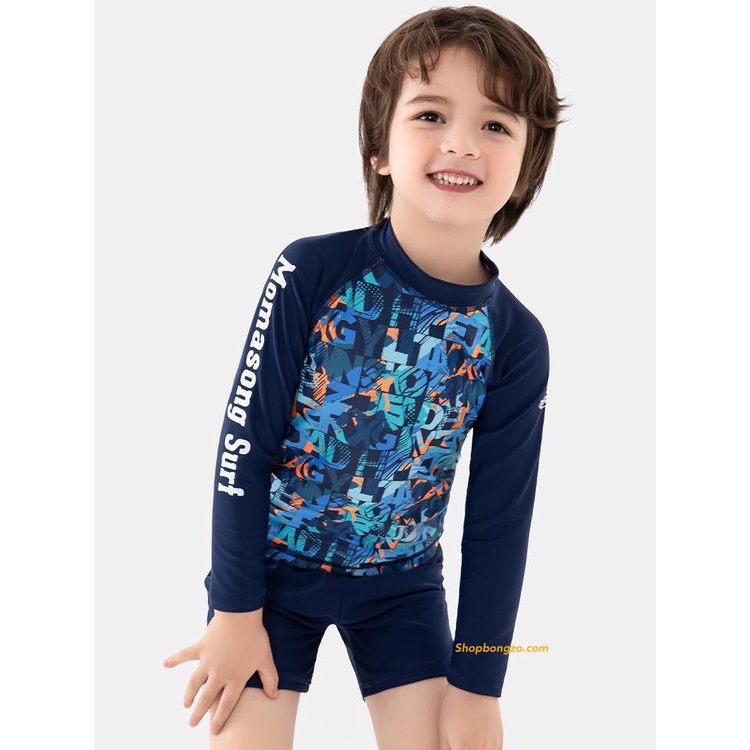 Bộ bơi bé trai dài tay, xanh đen hoạ tiết chữ, Momasong