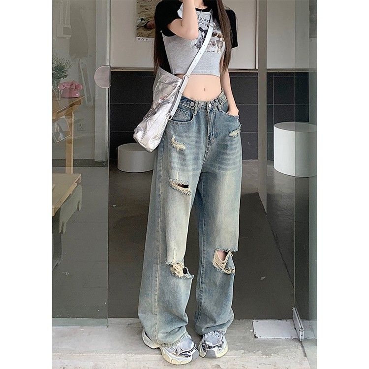 NZN Quần Jean Dài Lưng Cao Dáng Rộng Phối Rách Cá Tính Thời Trang Dành Cho Nữ