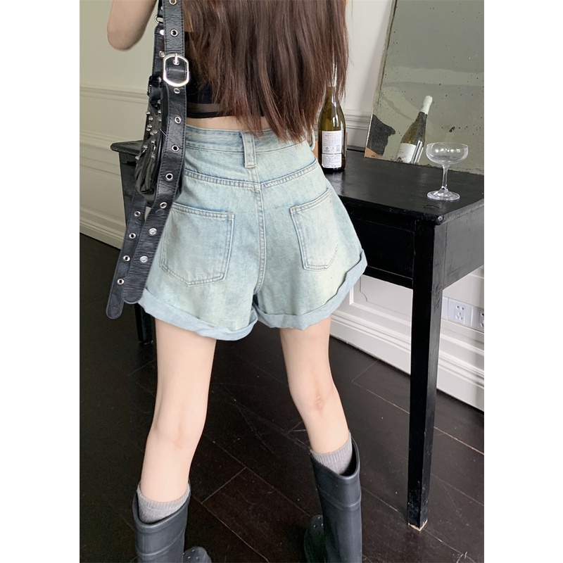 Quần Short Denim Lưng Cao Ống Rộng Thời Trang Cá Tính