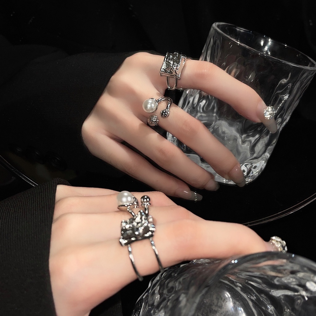 Nhẫn Hở Xếp Ly Đính Ngọc Trai Hình Vuông Thiết Kế Sáng Tạo Thời Trang Cá Tính Cho Nữ