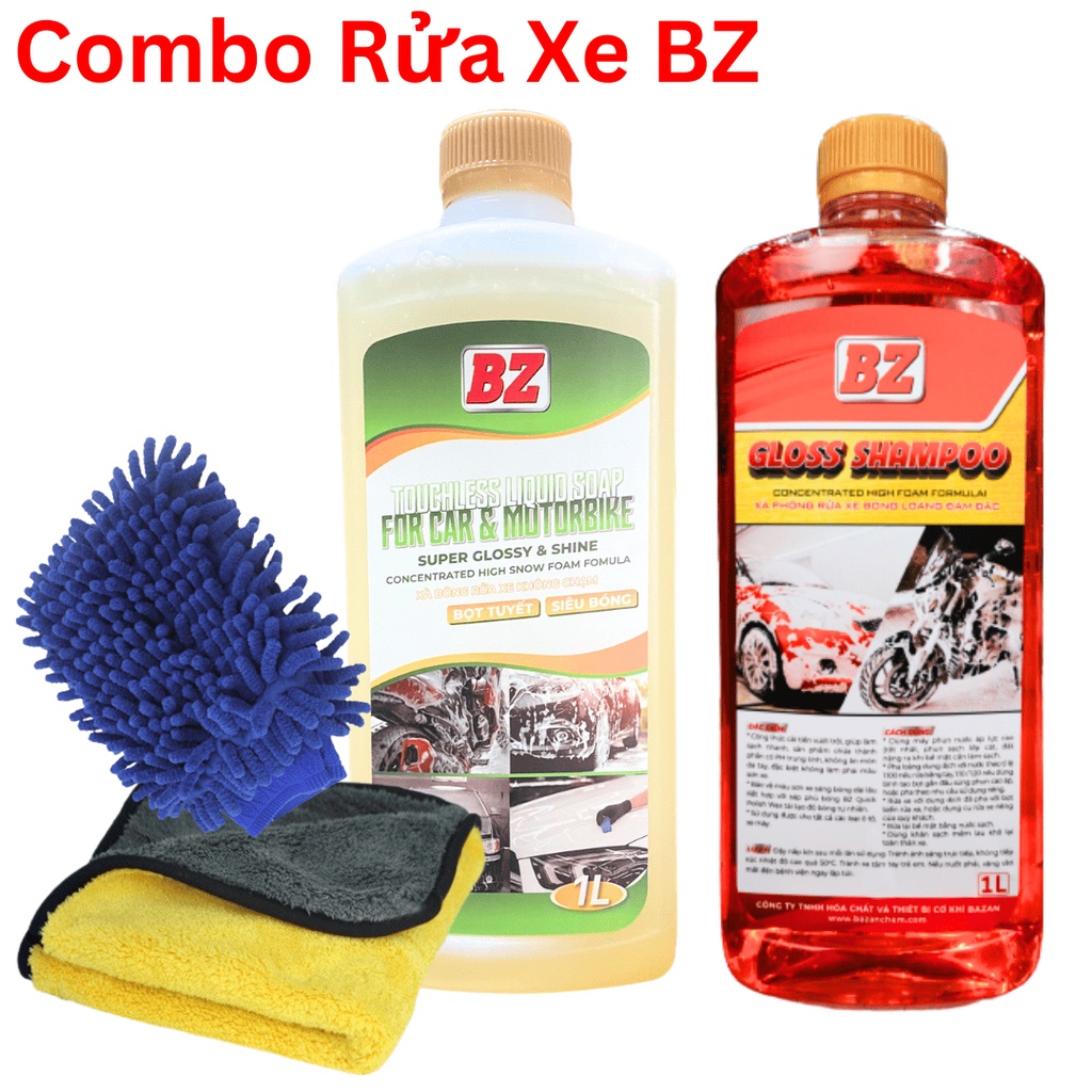 Bộ 2 Chai Nước Rửa Xe BZ ,Rửa Xe Không Chạm Và Có Chạm Kèm Bao Tay Và Khăn