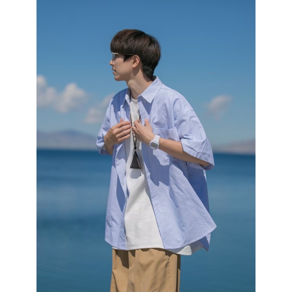 Áo Sơ Mi Tay Lửng Dáng Rộng Màu Trơn Phong Cách Thời Trang Nhật Bản Mới