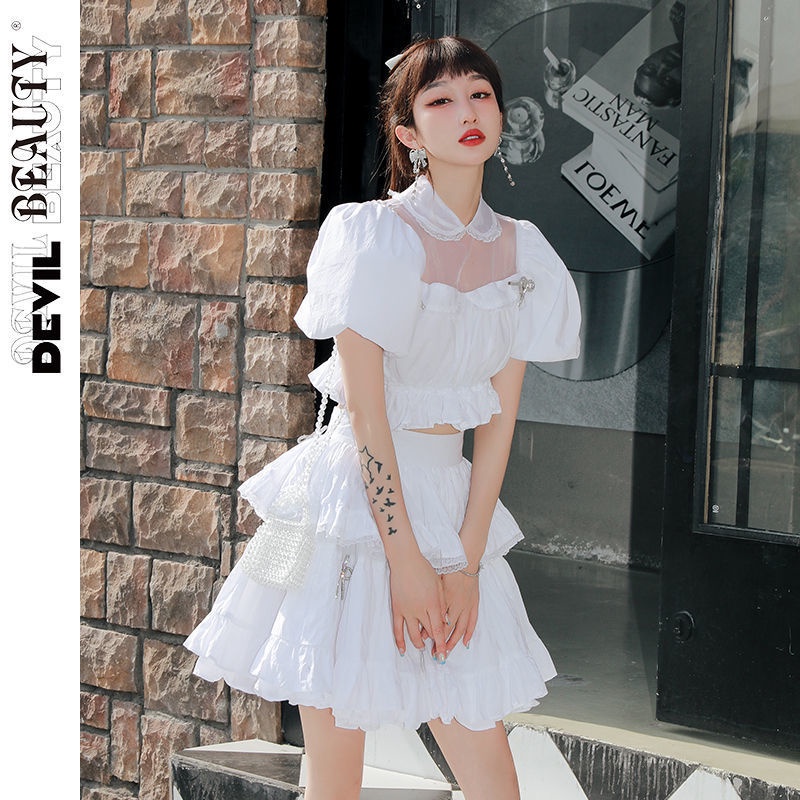 Bộ Áo Ngắn Tay Phồng Đính Nơ Giả Hai Lớp + Chân Váy Ngắn Phong Cách Mới Dành Cho Nữ Y2