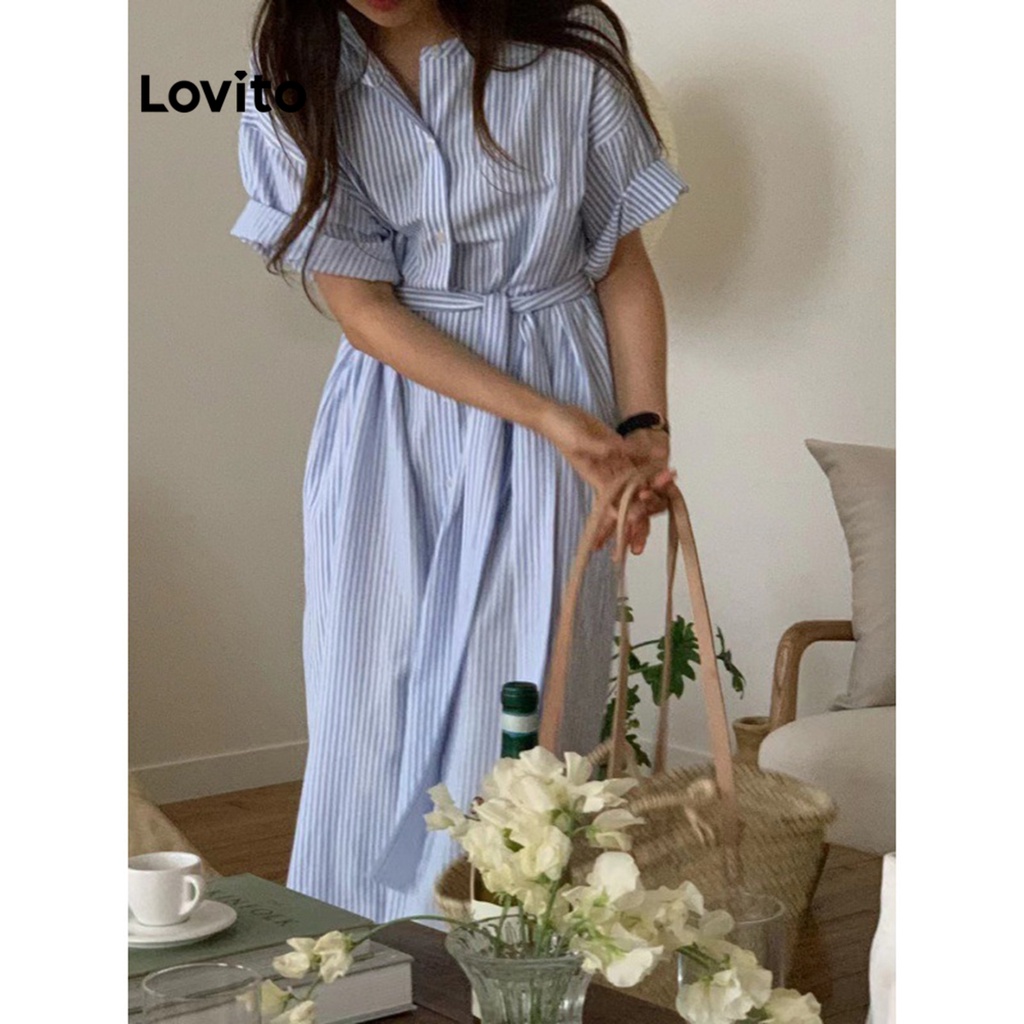 Lovito Váy midi chữ A tay ngắn phối nút phía trước phối nút thắt lưng phong cách Boho cho nữ LNE09194 (Màu xanh da trời)