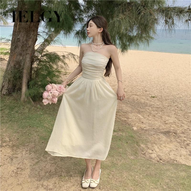 Đầm Dài Xếp Ly Eo Cao Màu Trơn Phong Cách Hàn Quốc Cho Nữ