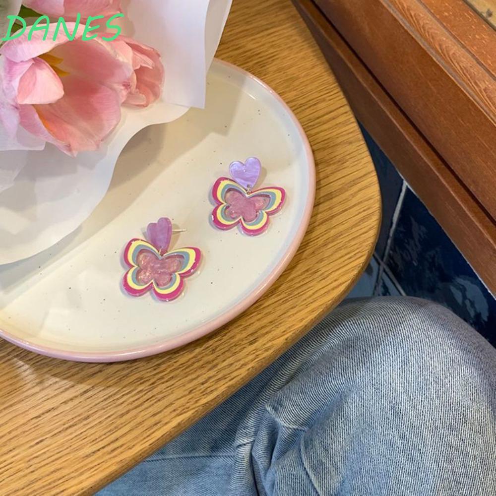 Bông Tai Hình Trái Tim / Bướm Bằng Hợp Kim Acrylic Màu Cầu Vồng Ngọt Ngào Xinh Xắn Cho Nữ