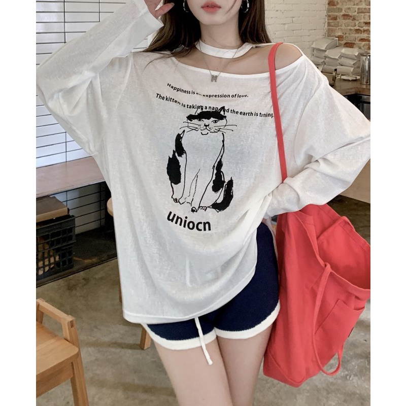 Áo Thun Tay Dài Dáng Rộng Trễ Vai In Họa Tiết Thời Trang Mùa Hè Mới Trẻ Trung Cho Nữ