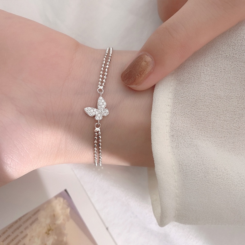 Vòng Tay Hai Lớp Bằng Hợp Kim Đính Đá Hình Bướm Phong Cách Hàn Quốc