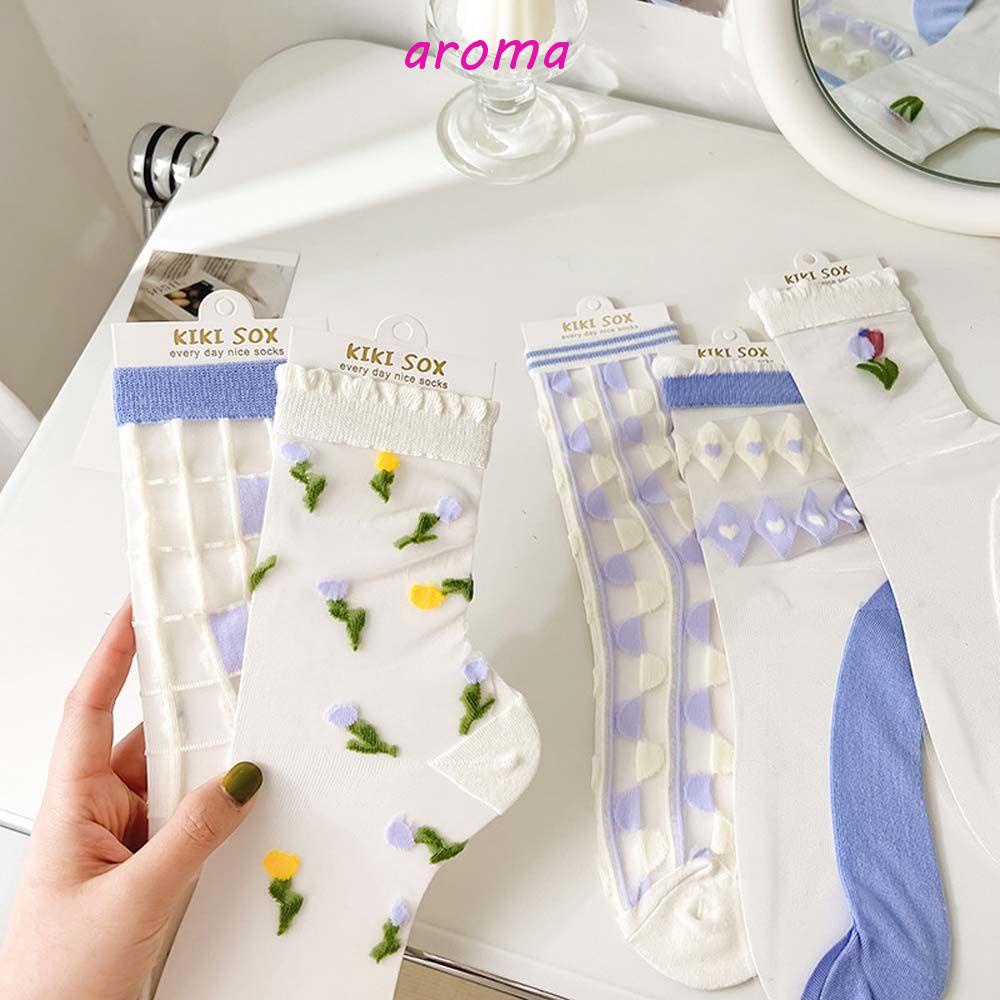 AROMA Tất Lưới Siêu Mỏng Trong Suốt Phối Hoa Xinh Xắn Thời Trang Mùa Hè Hàn Quốc Cho Nữ