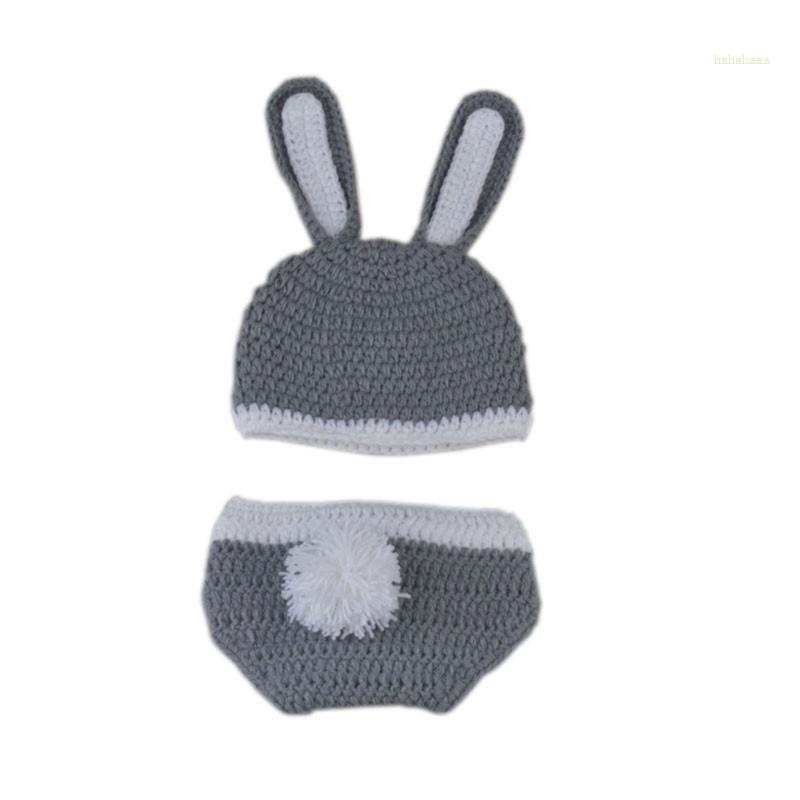 Bộ Trang Phục 2 Mảnh Gồm Áo Dệt Kim Màu Xám Tai Thỏ + Quần Ngắn + Mũ Beanie Dệt Kim Làm Phụ Kiện Chụp Ảnh Cho Bé Sơ