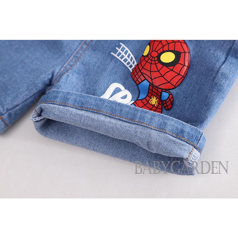 Bộ Áo Thun Tay Ngắn In Hoạt Hình Phối Quần Short Denim Lưng Thun Dễ Thương Cho Bé Trai 1-7 Tuổi