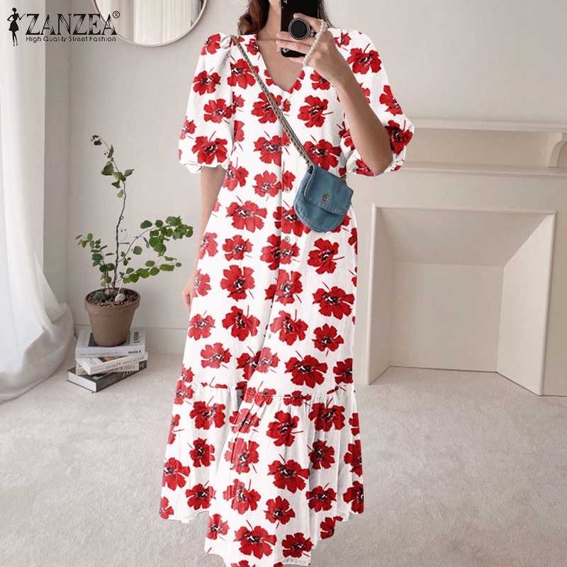 ZANZEA Đầm Tay Phồng Cổ Chữ V In Họa Tiết Hoa Phong Cách Hàn Quốc Thời Trang Cho Nữ