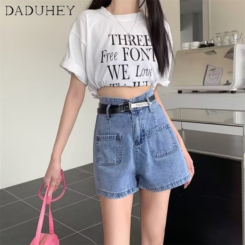 Quần short denim DADUHEY ống rộng cạp cao thời trang retro nhẹ nhàng phong cách Hàn Quốc