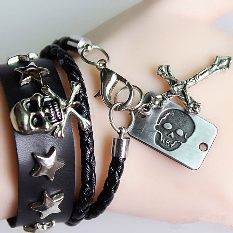 Ygt Vòng Tay Dây Da Bện Đính Mặt Đầu Lâu Ngôi Sao Phong Cách Punk Cá Tính