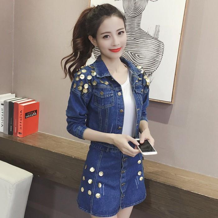 Set Áo Khoác Jeans Dài Tay Đính Cườm + Chân Váy Ngắn Phong Cách Hàn Quốc Dành Cho Nữ