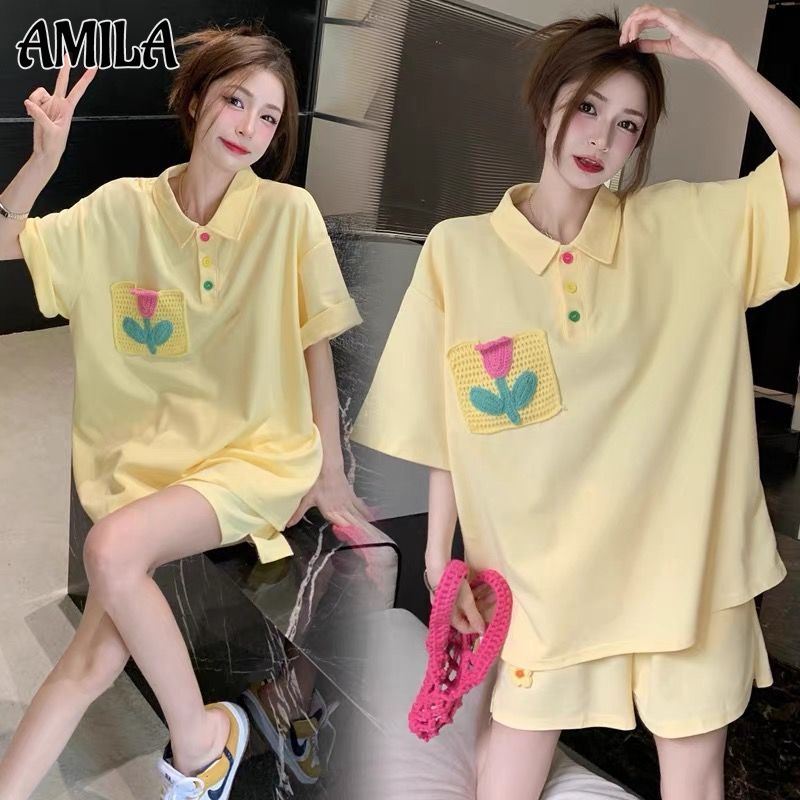 Amila set Áo Thun Ngắn Tay + Quần Short Lưng Thun Thoải Mái Cho Mẹ Bầu