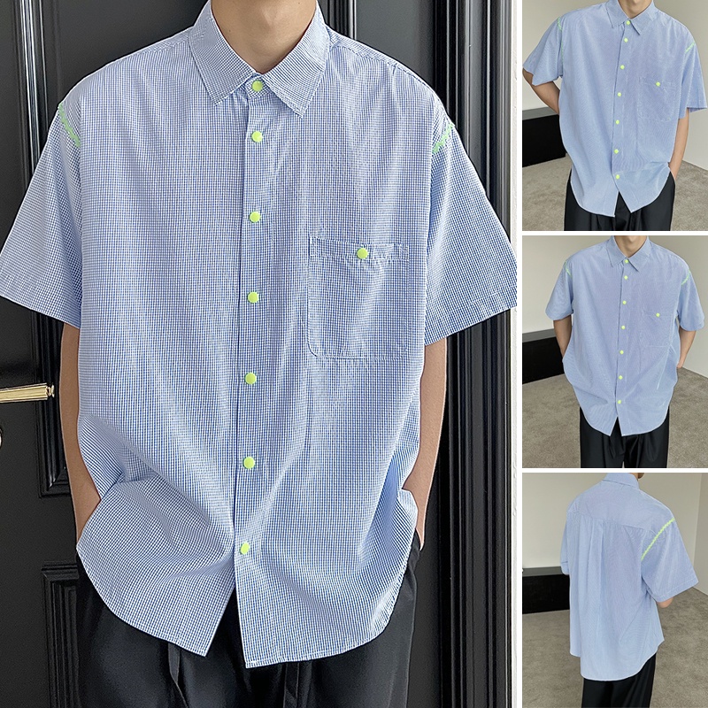 INCERUN Áo Sơ Mi Ngắn Tay Phối Nút Họa Tiết Ca Rô Tương Phản Cá Tính Cho Nam