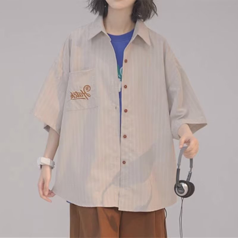 Áo Sơ Mi Ngắn Tay Dáng Rộng Họa Tiết Kẻ Sọc Phong Cách Harajuku Nhật Bản Thời Trang Mùa Hè Cho Nữ