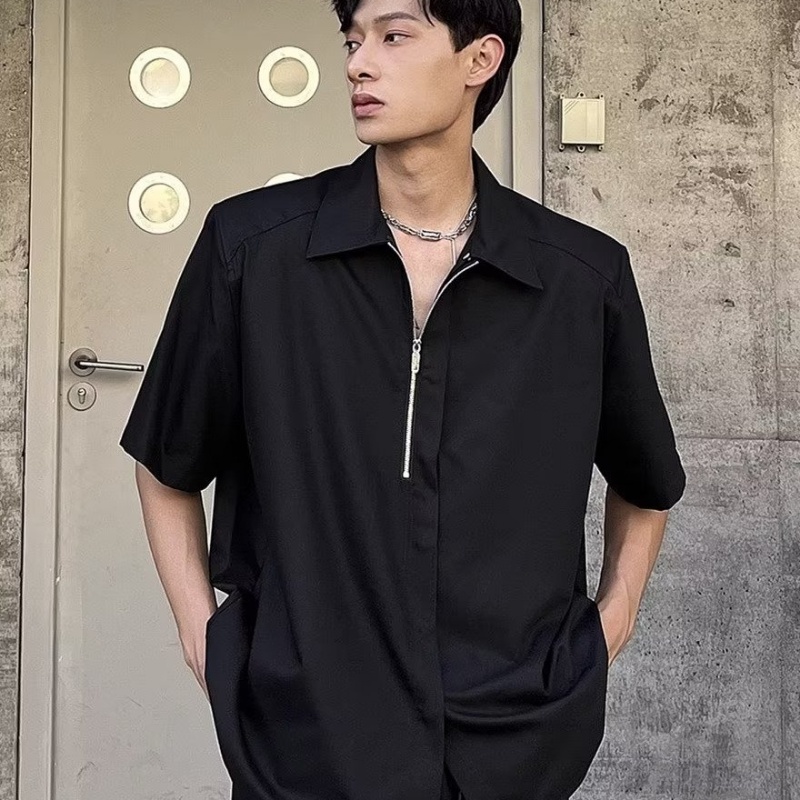 Áo Sơ Mi Tay Ngắn Dáng Rộng Màu Trơn Có Khóa Kéo Phong Cách Hàn Quốc Thời Trang Mùa Hè Hàng Mới Dành Cho Bạn Nam