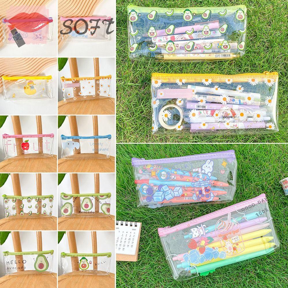 SOFTNESS Túi Đựng Bút Bằng PVC Trong Suốt Cỡ Lớn In Họa Tiết Hoa / Trái Cây / Hoạt Hình Chống Thấm Nước Tiện Dụng Cho Trường Học